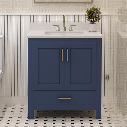Ayna Decors Rooh 30 Inch Navy Blue Bath Vanity with Pure White Quartz Countertop