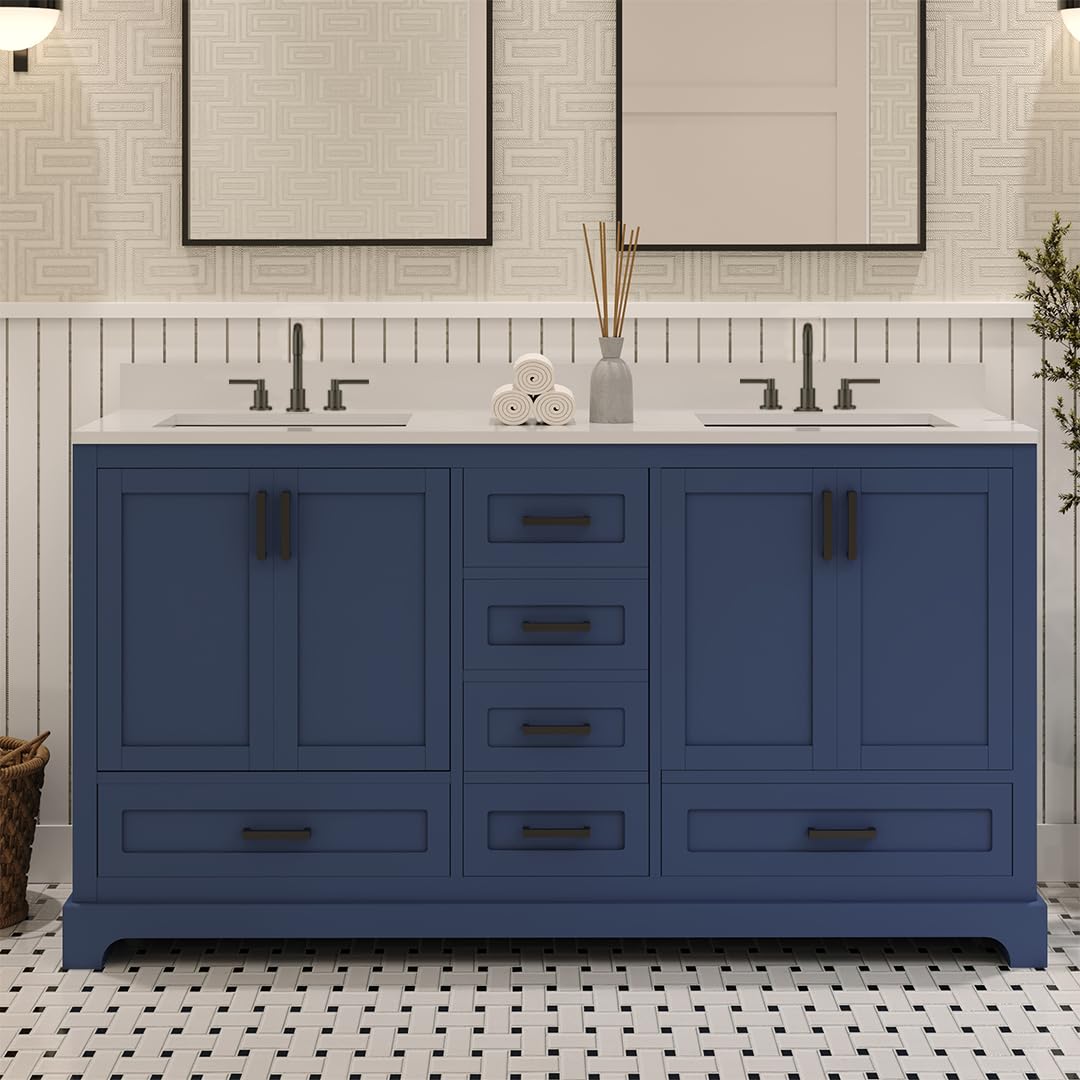 Ayna Decors Maya 60 Inch Navy Blue Bath Vanity with Pure White Quartz Countertop