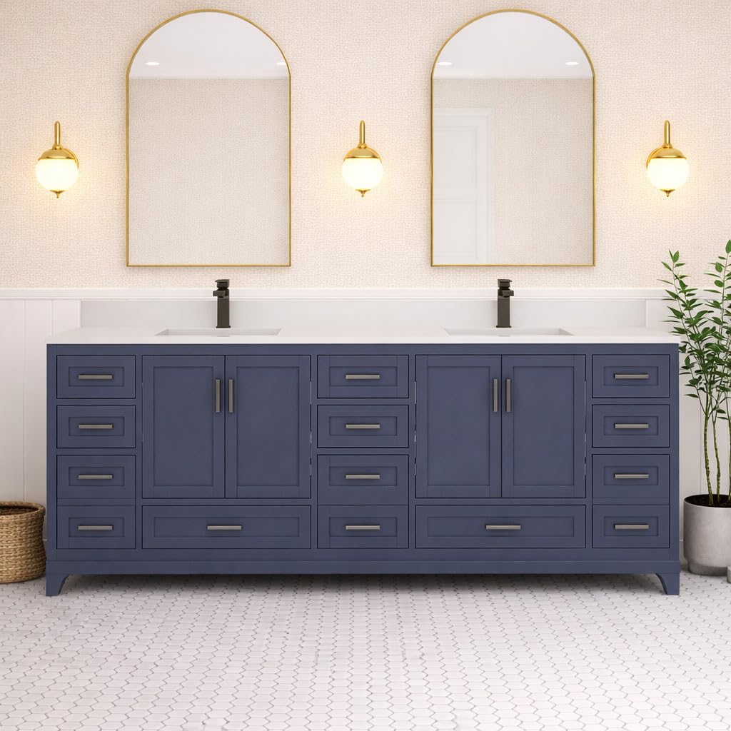 Ayna Decors Maya 84 Inch Navy Blue Bathroom Vanity with Quartz Countertop with Matte Black Hardware