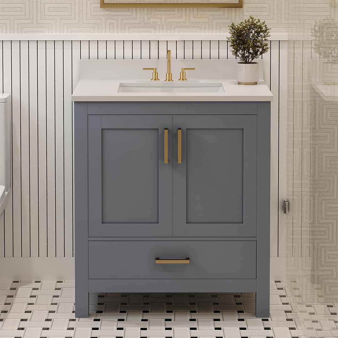 Ayna Decors Rooh 30 Inch Charcoal Grey Bath Vanity with Pure White Quartz Countertop