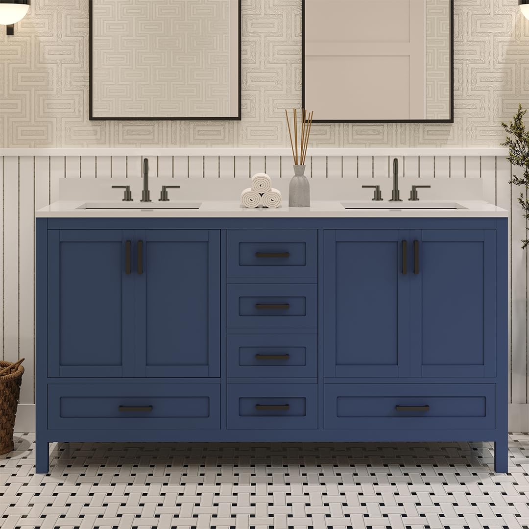 Ayna Decors Rooh 60 Inch Navy Blue Bath Vanity with Pure White Quartz Countertop