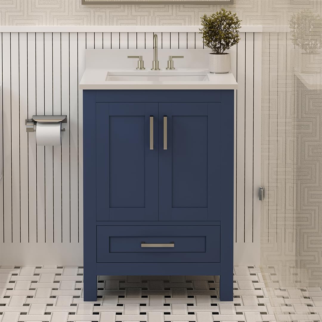 Ayna Decors Rooh 24 Inch Navy Blue Bath Vanity with Pure White Quartz Countertop