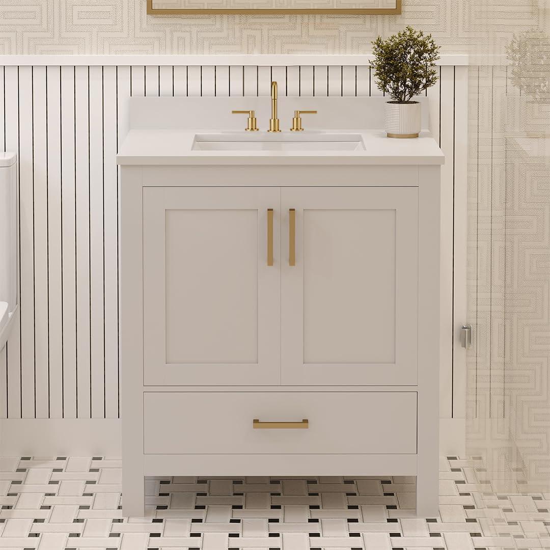 Ayna Decors Rooh 30 Inch White Bath Vanity with Pure White Quartz Countertop