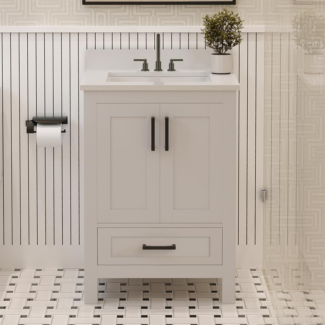 Ayna Decors Rooh 24 Inch White Bath Vanity with Pure White Quartz Countertop
