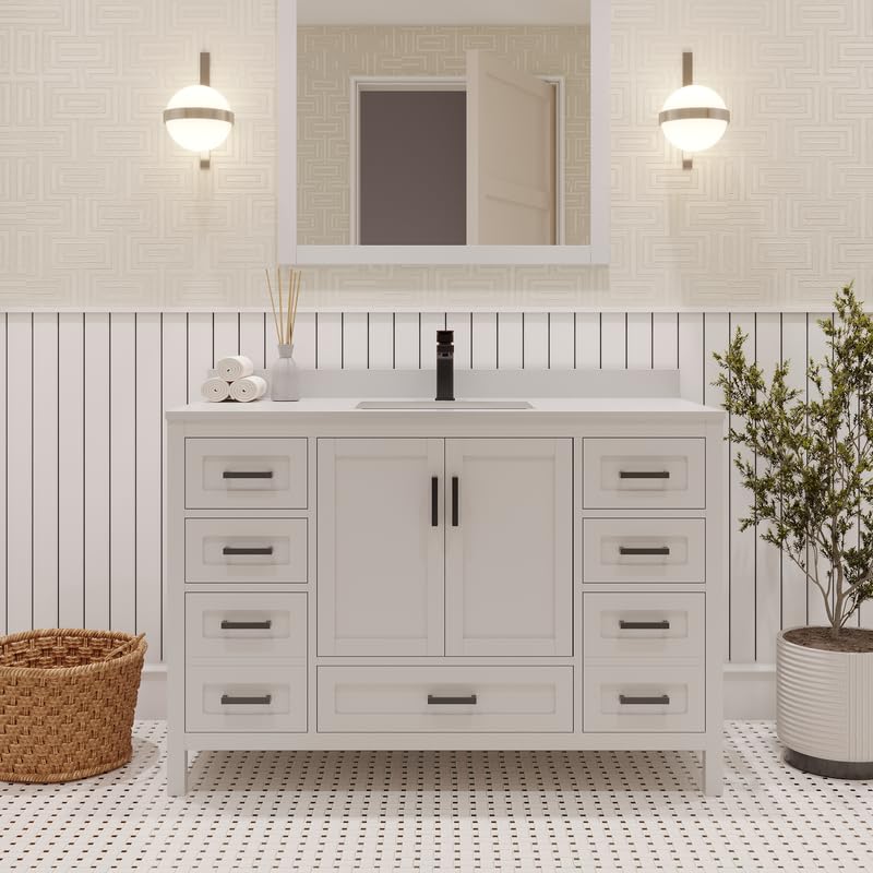 Ayna Decors Rooh 48 Inch White Bathroom Vanity with Quartz Countertop with Matte Black Hardware