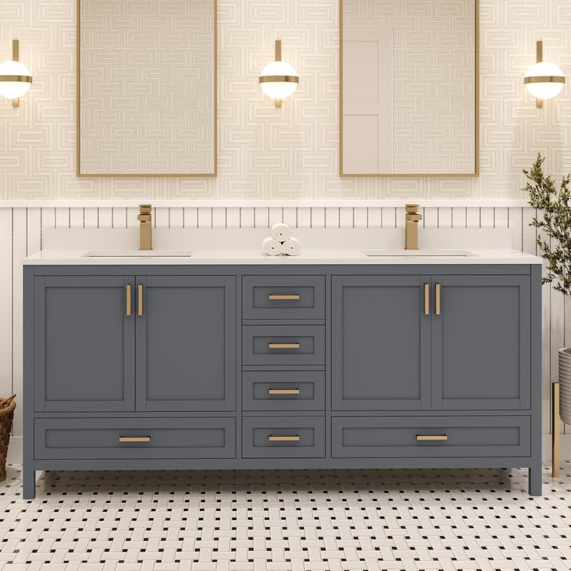 Ayna Decors Rooh 72 Inch Charcoal Grey Bath Vanity with Pure White Quartz Countertop