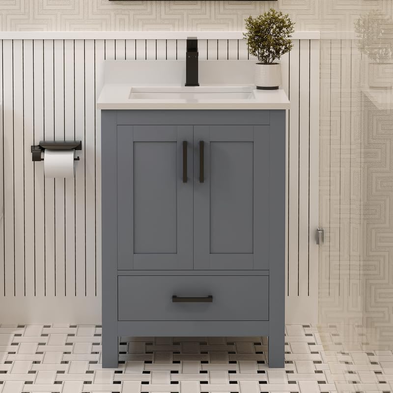 Ayna Decors Rooh 24 Inch Charcoal Grey Bathroom Vanity with Quartz Countertop with Matte Black Hardware
