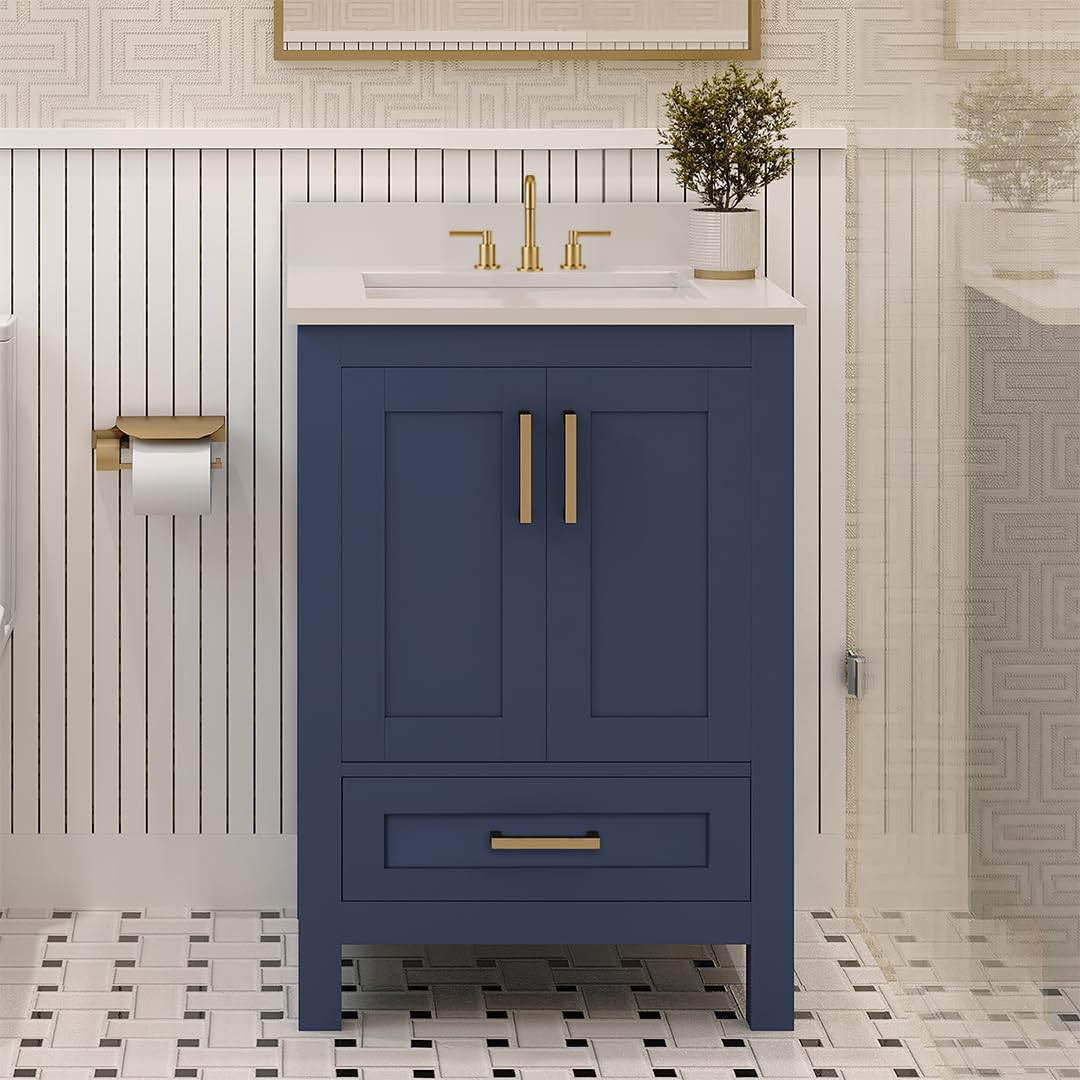 Ayna Decors Rooh 24 Inch Navy Blue Bath Vanity with Pure White Quartz Countertop