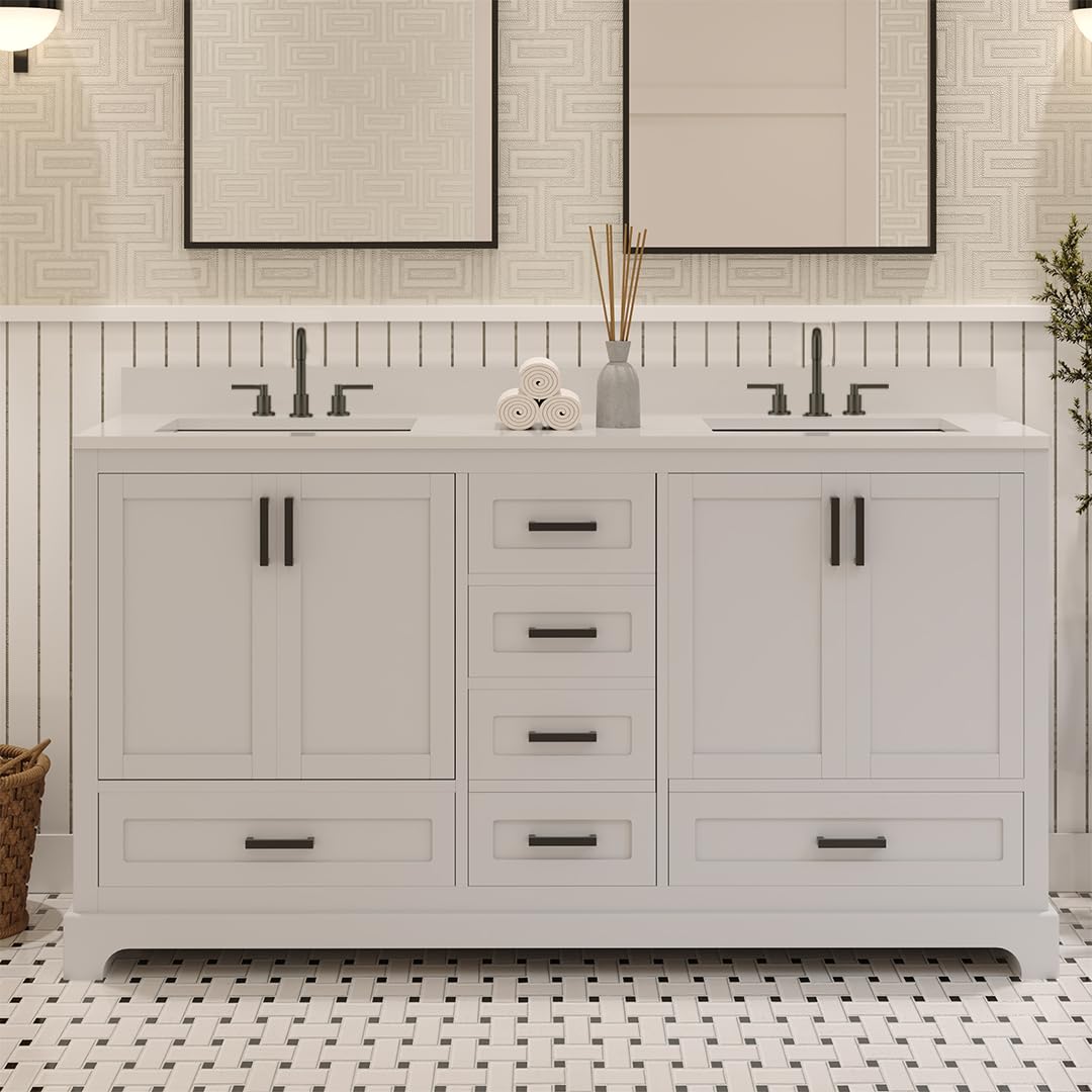 Ayna Decors Maya 60 Inch White Bath Vanity with Pure White Quartz Countertop