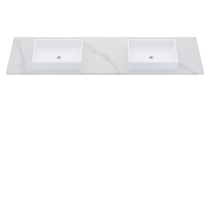 85" Vanderloc Silestone® Quartz Bathroom Vanity Top | Double Vigo Sink | Centered in Classic Calacatta