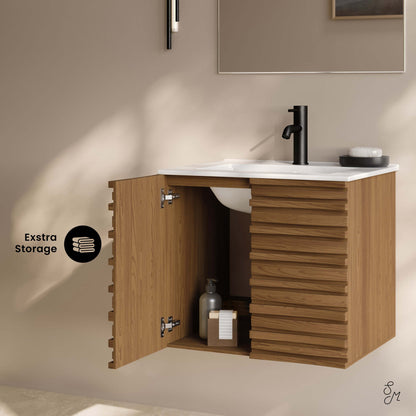 Swiss Madison, Cascade 24" Wall-Mounted Bathroom Vanity in Brown Oak with Sink Top