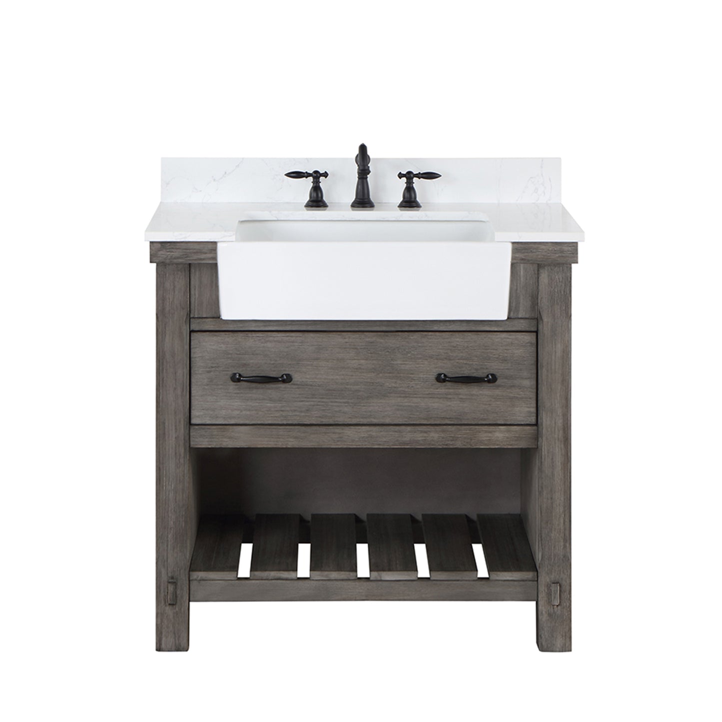 Vinnova, Villareal 36" Single Bath Vanity in Classical Grey with Composite Stone Top in White, White Farmhouse Basin