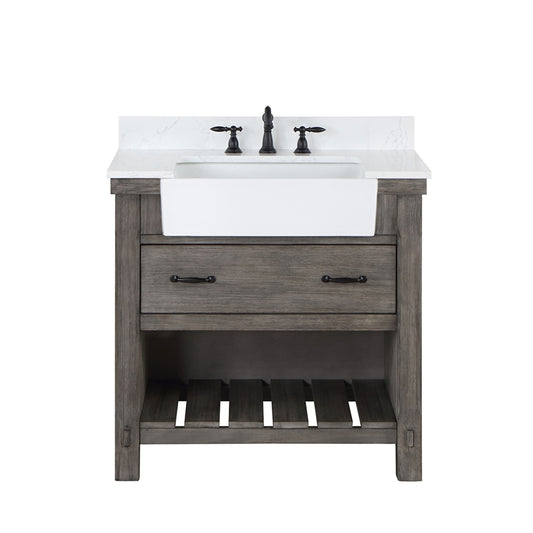 Vinnova, Villareal 36" Single Bath Vanity in Classical Grey with Composite Stone Top in White, White Farmhouse Basin