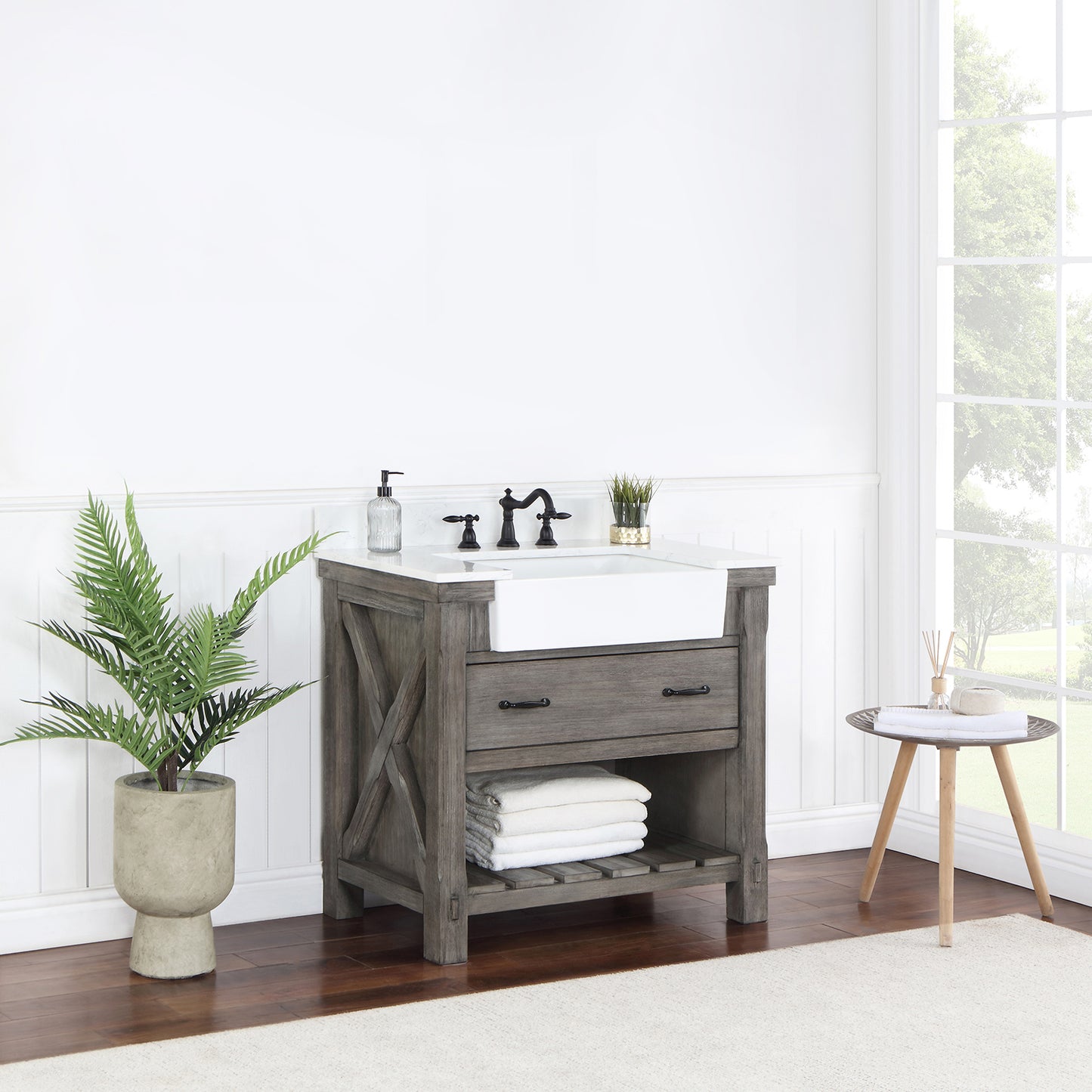 Vinnova, Villareal 36" Single Bath Vanity in Classical Grey with Composite Stone Top in White, White Farmhouse Basin