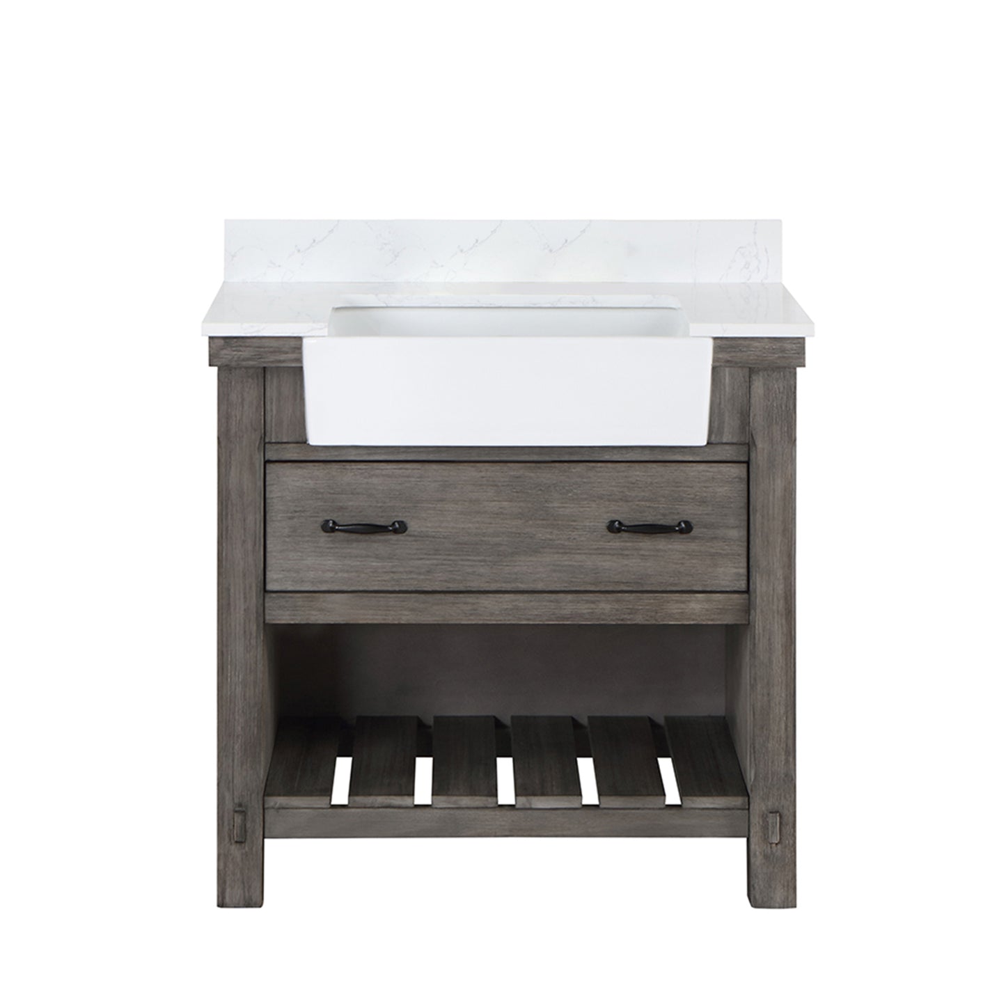 Vinnova, Villareal 36" Single Bath Vanity in Classical Grey with Composite Stone Top in White, White Farmhouse Basin