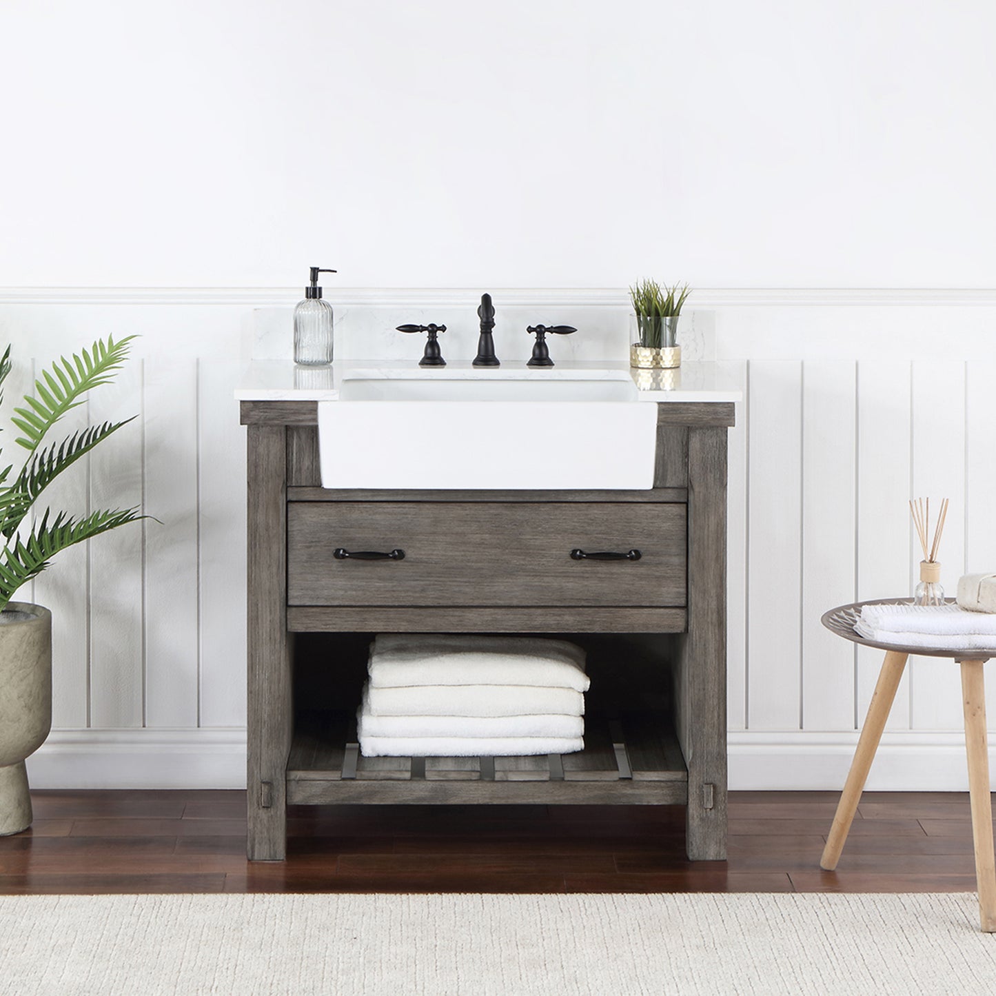 Vinnova, Villareal 36" Single Bath Vanity in Classical Grey with Composite Stone Top in White, White Farmhouse Basin
