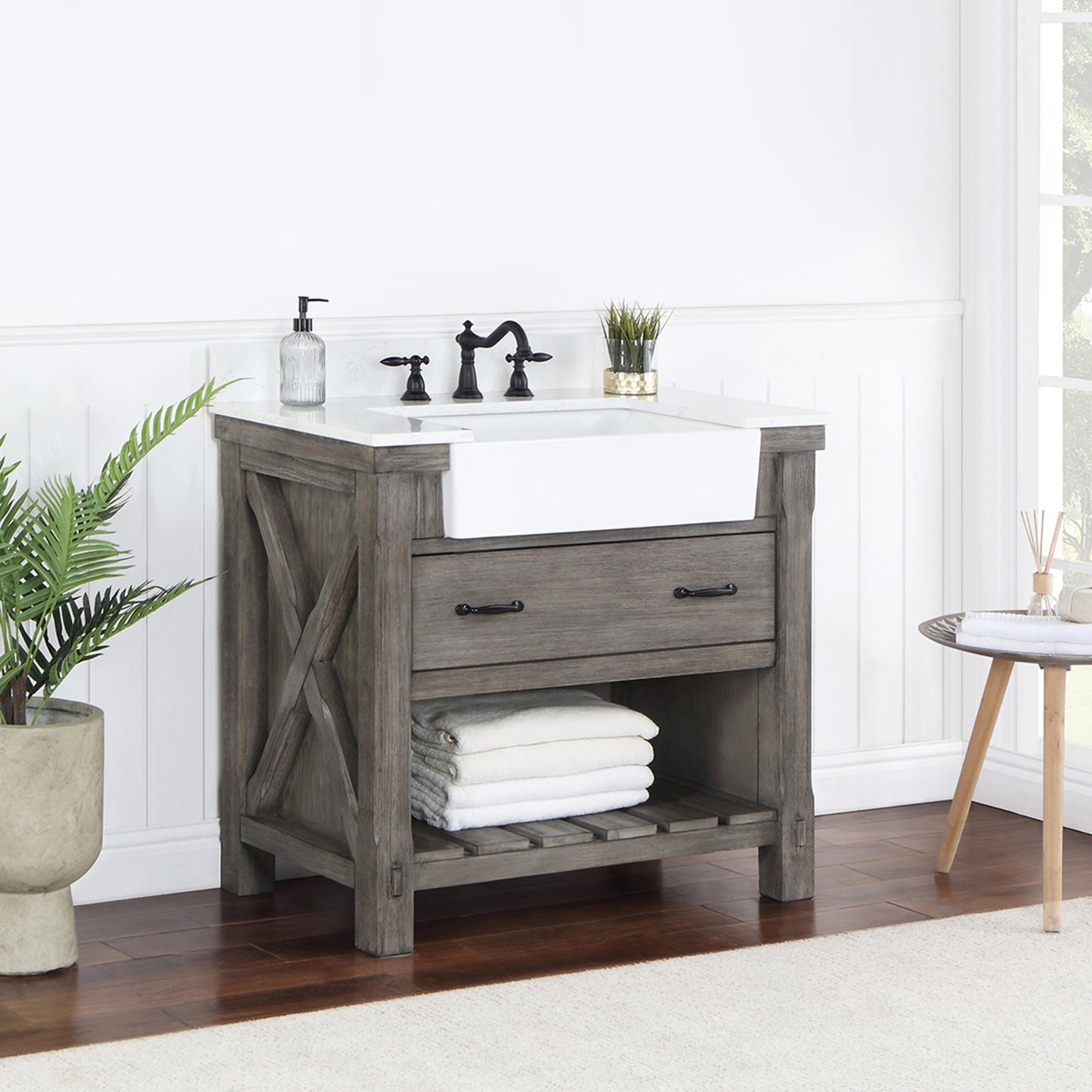 Vinnova, Villareal 36" Single Bath Vanity in Classical Grey with Composite Stone Top in White, White Farmhouse Basin