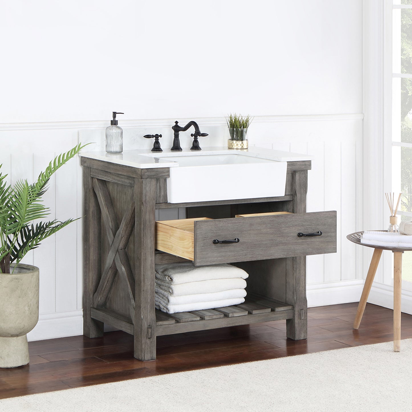Vinnova, Villareal 36" Single Bath Vanity in Classical Grey with Composite Stone Top in White, White Farmhouse Basin