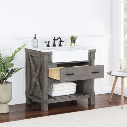 Vinnova, Villareal 36" Single Bath Vanity in Classical Grey with Composite Stone Top in White, White Farmhouse Basin