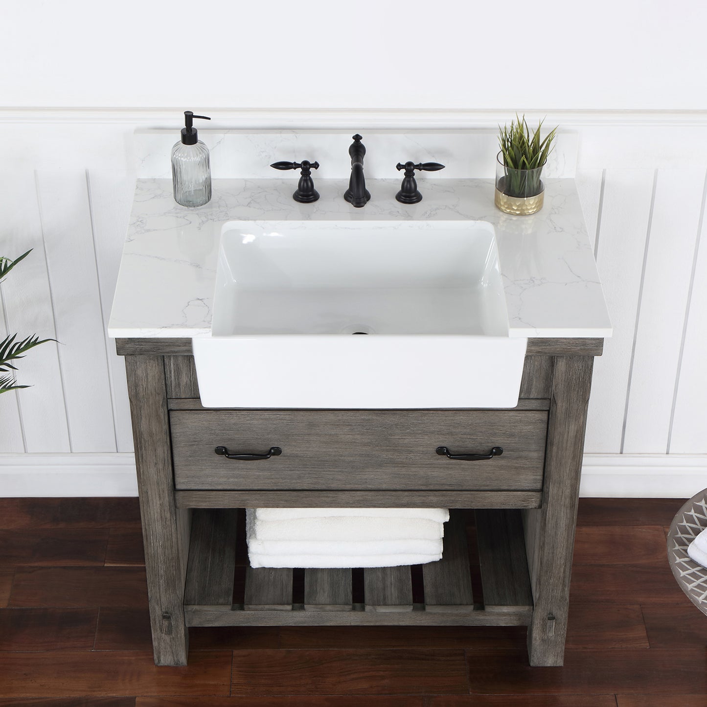 Vinnova, Villareal 36" Single Bath Vanity in Classical Grey with Composite Stone Top in White, White Farmhouse Basin