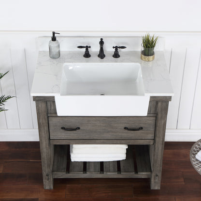 Vinnova, Villareal 36" Single Bath Vanity in Classical Grey with Composite Stone Top in White, White Farmhouse Basin