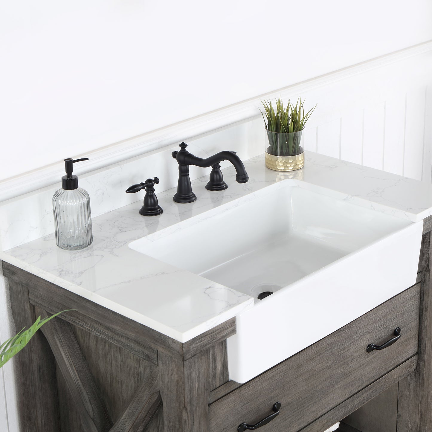 Vinnova, Villareal 36" Single Bath Vanity in Classical Grey with Composite Stone Top in White, White Farmhouse Basin