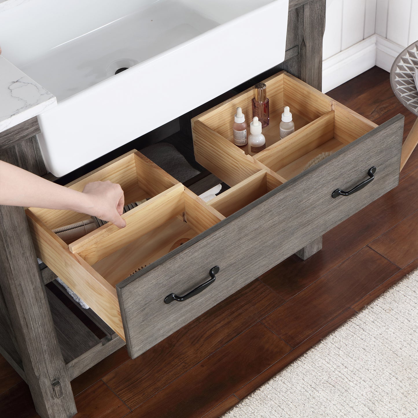 Vinnova, Villareal 36" Single Bath Vanity in Classical Grey with Composite Stone Top in White, White Farmhouse Basin