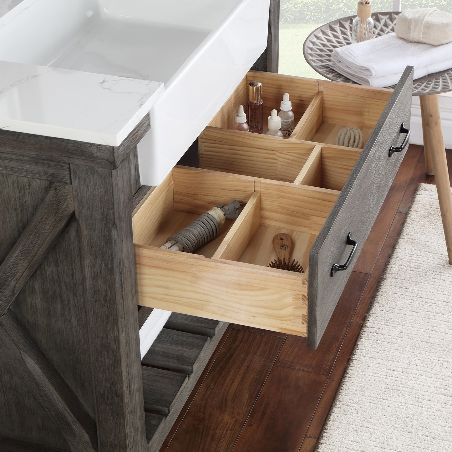 Vinnova, Villareal 36" Single Bath Vanity in Classical Grey with Composite Stone Top in White, White Farmhouse Basin