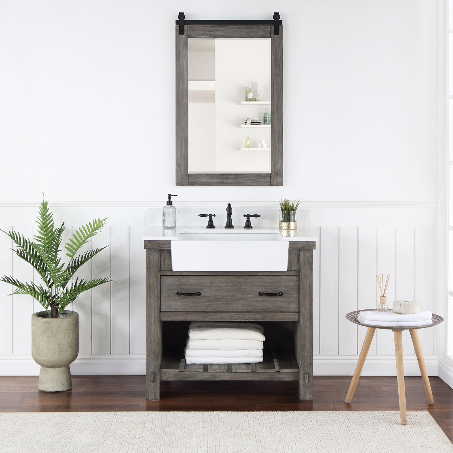 Vinnova, Villareal 36" Single Bath Vanity in Classical Grey with Composite Stone Top in White, White Farmhouse Basin and Mirror