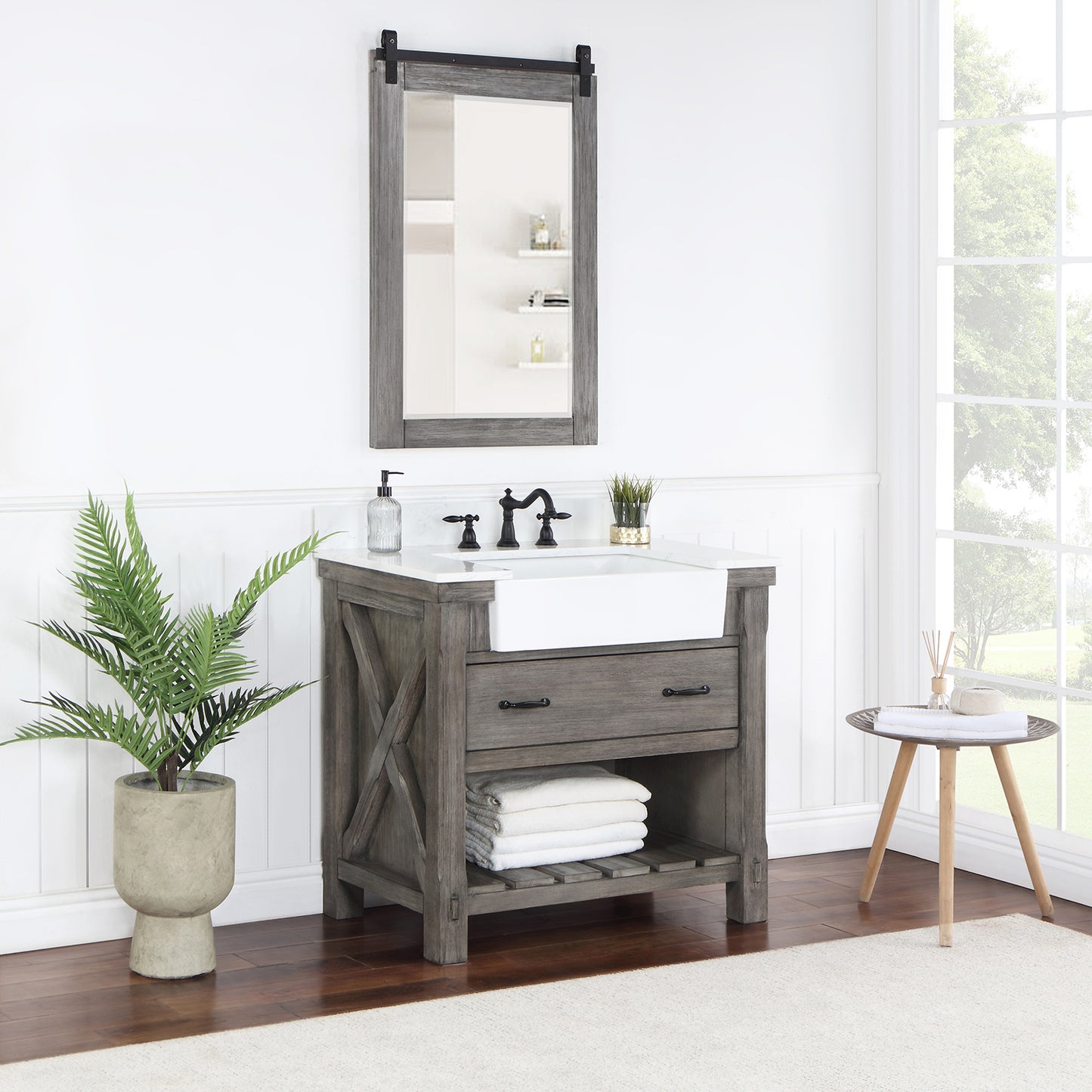 Vinnova, Villareal 36" Single Bath Vanity in Classical Grey with Composite Stone Top in White, White Farmhouse Basin and Mirror