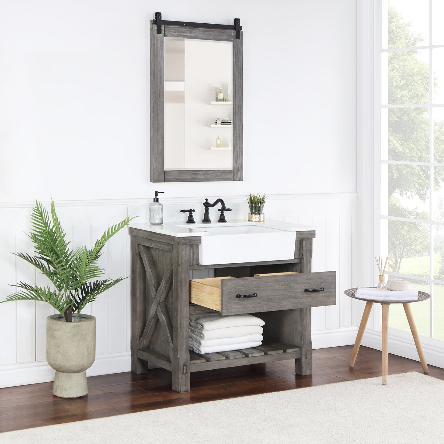 Vinnova, Villareal 36" Single Bath Vanity in Classical Grey with Composite Stone Top in White, White Farmhouse Basin and Mirror