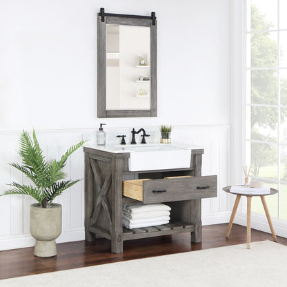 Vinnova, Villareal 36" Single Bath Vanity in Classical Grey with Composite Stone Top in White, White Farmhouse Basin and Mirror