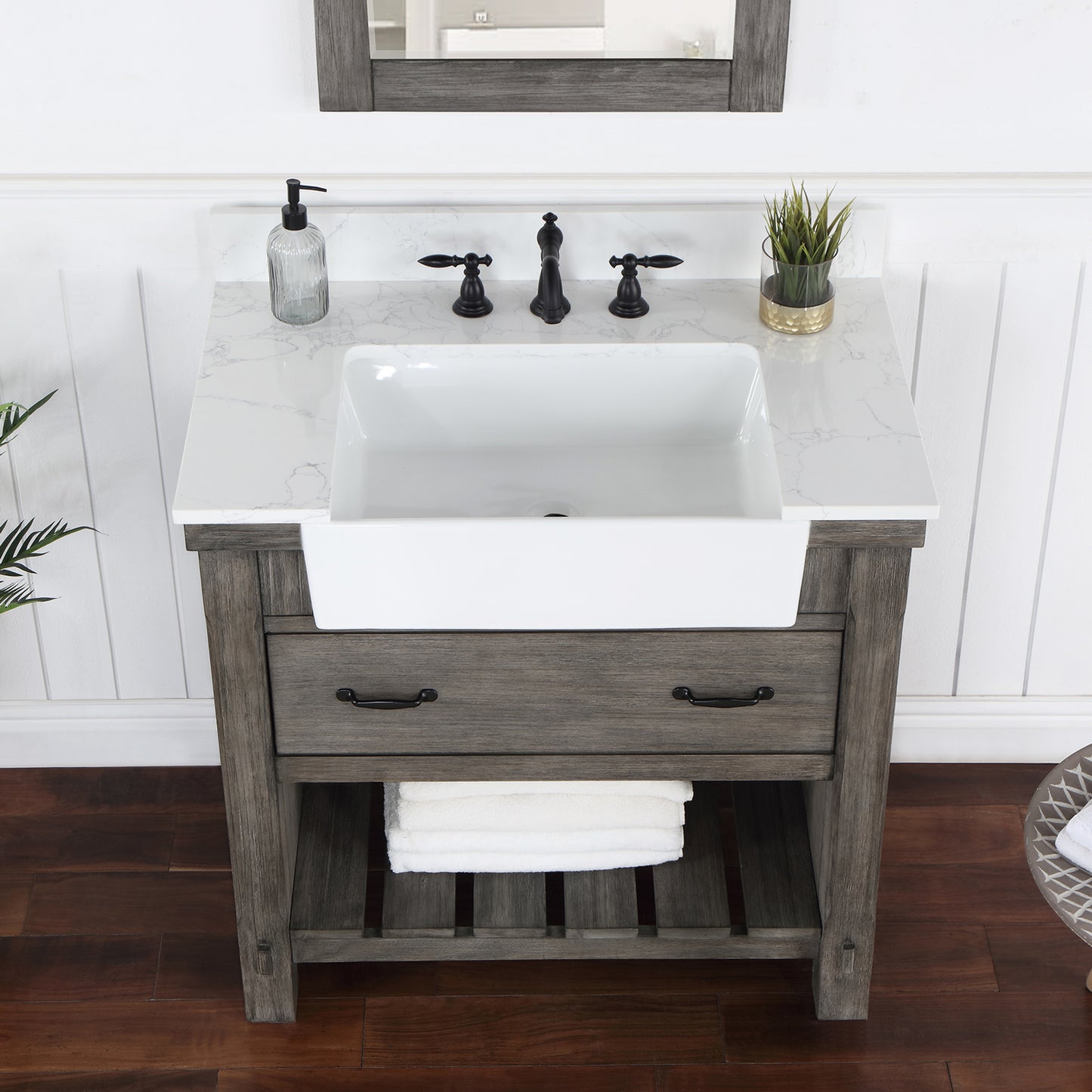 Vinnova, Villareal 36" Single Bath Vanity in Classical Grey with Composite Stone Top in White, White Farmhouse Basin and Mirror