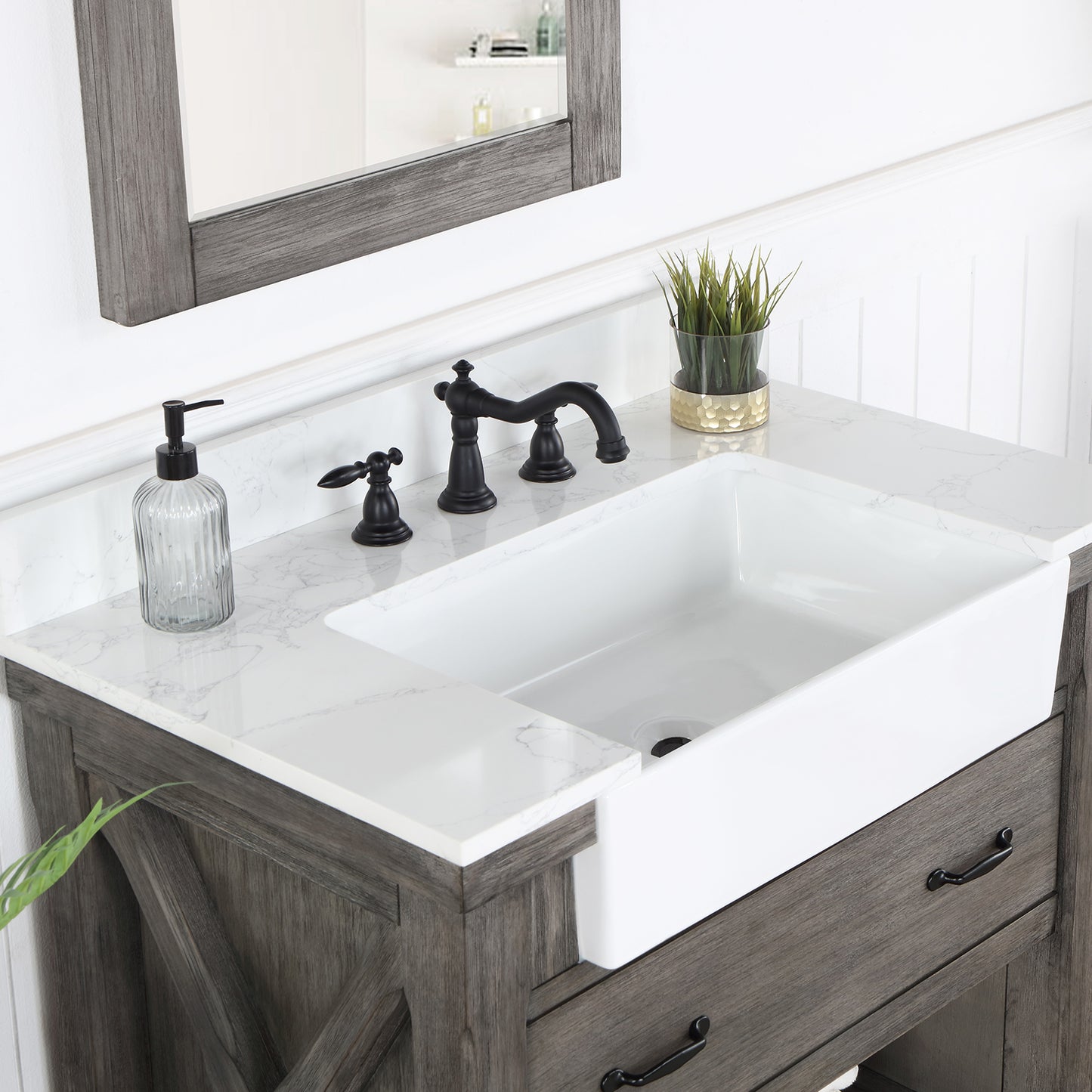 Vinnova, Villareal 36" Single Bath Vanity in Classical Grey with Composite Stone Top in White, White Farmhouse Basin and Mirror