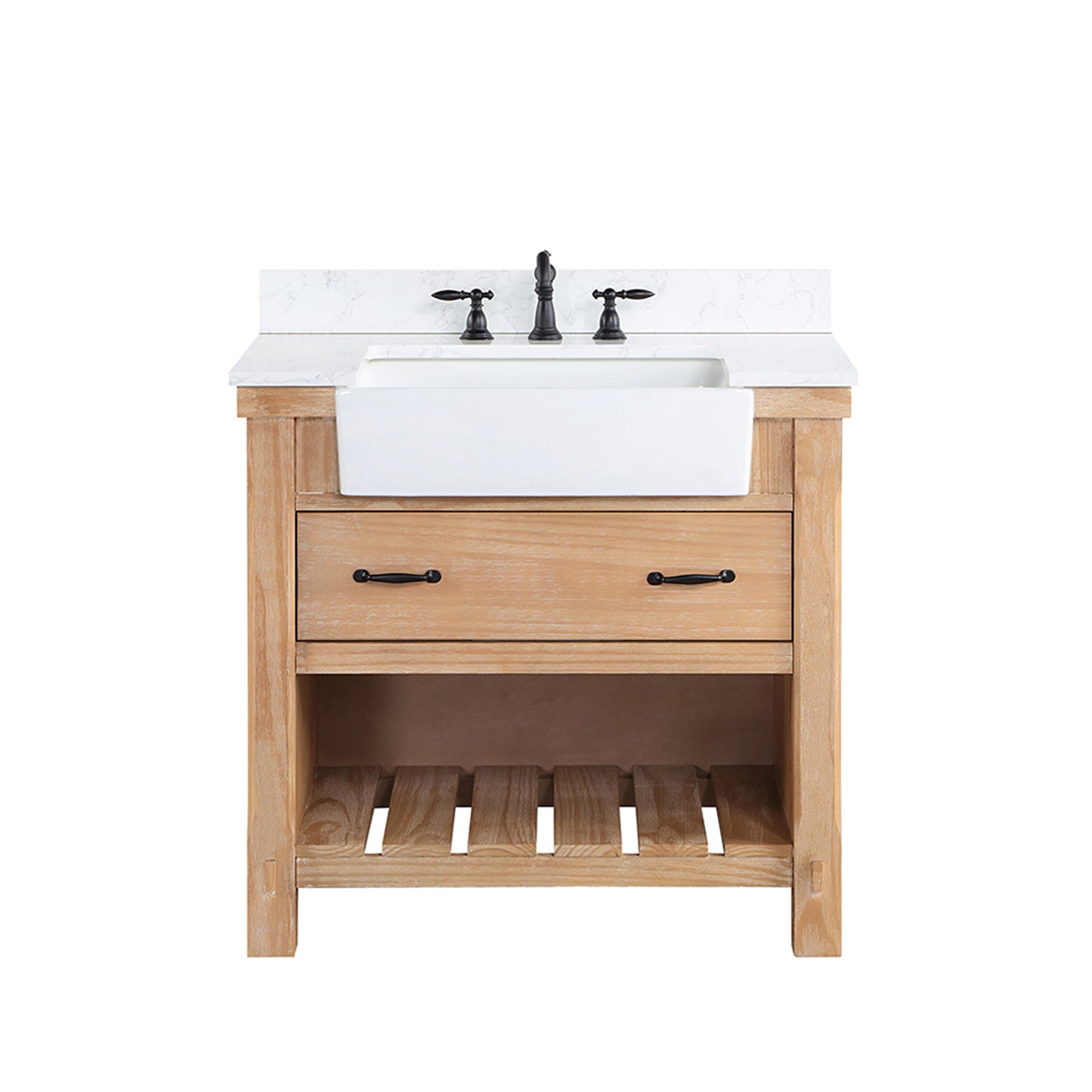 Vinnova, Villareal 36" Single Bath Vanity in Weathered Pine with Composite Stone Top in White, White Farmhouse Basin