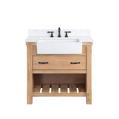 Vinnova, Villareal 36" Single Bath Vanity in Weathered Pine with Composite Stone Top in White, White Farmhouse Basin