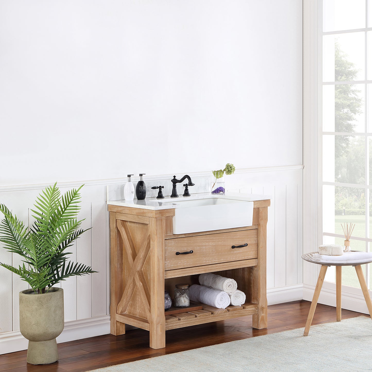 Vinnova, Villareal 36" Single Bath Vanity in Weathered Pine with Composite Stone Top in White, White Farmhouse Basin