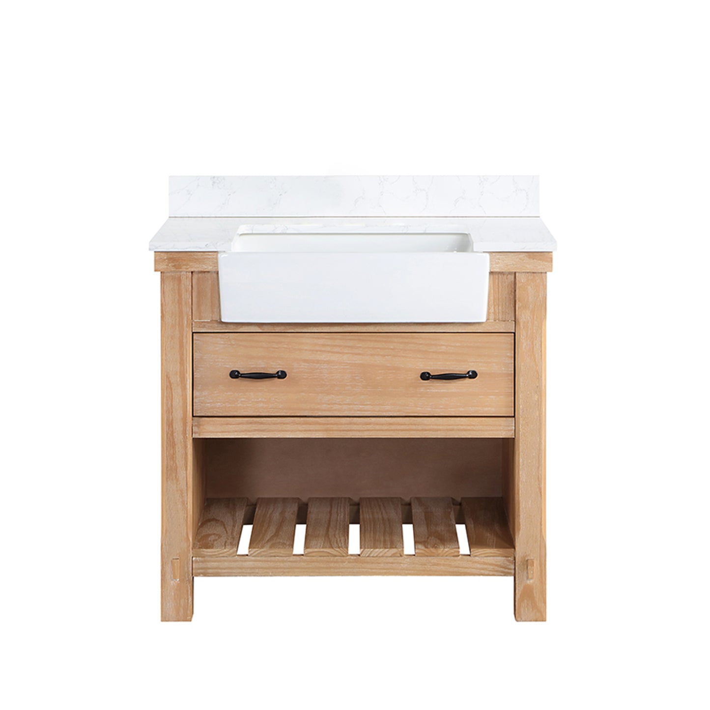 Vinnova, Villareal 36" Single Bath Vanity in Weathered Pine with Composite Stone Top in White, White Farmhouse Basin