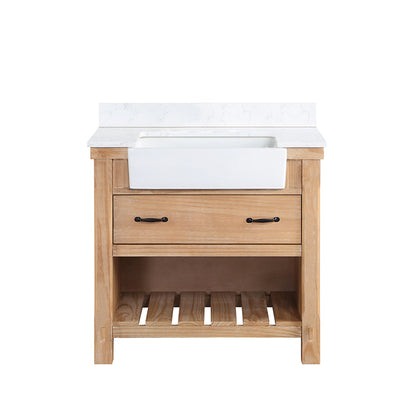 Vinnova, Villareal 36" Single Bath Vanity in Weathered Pine with Composite Stone Top in White, White Farmhouse Basin