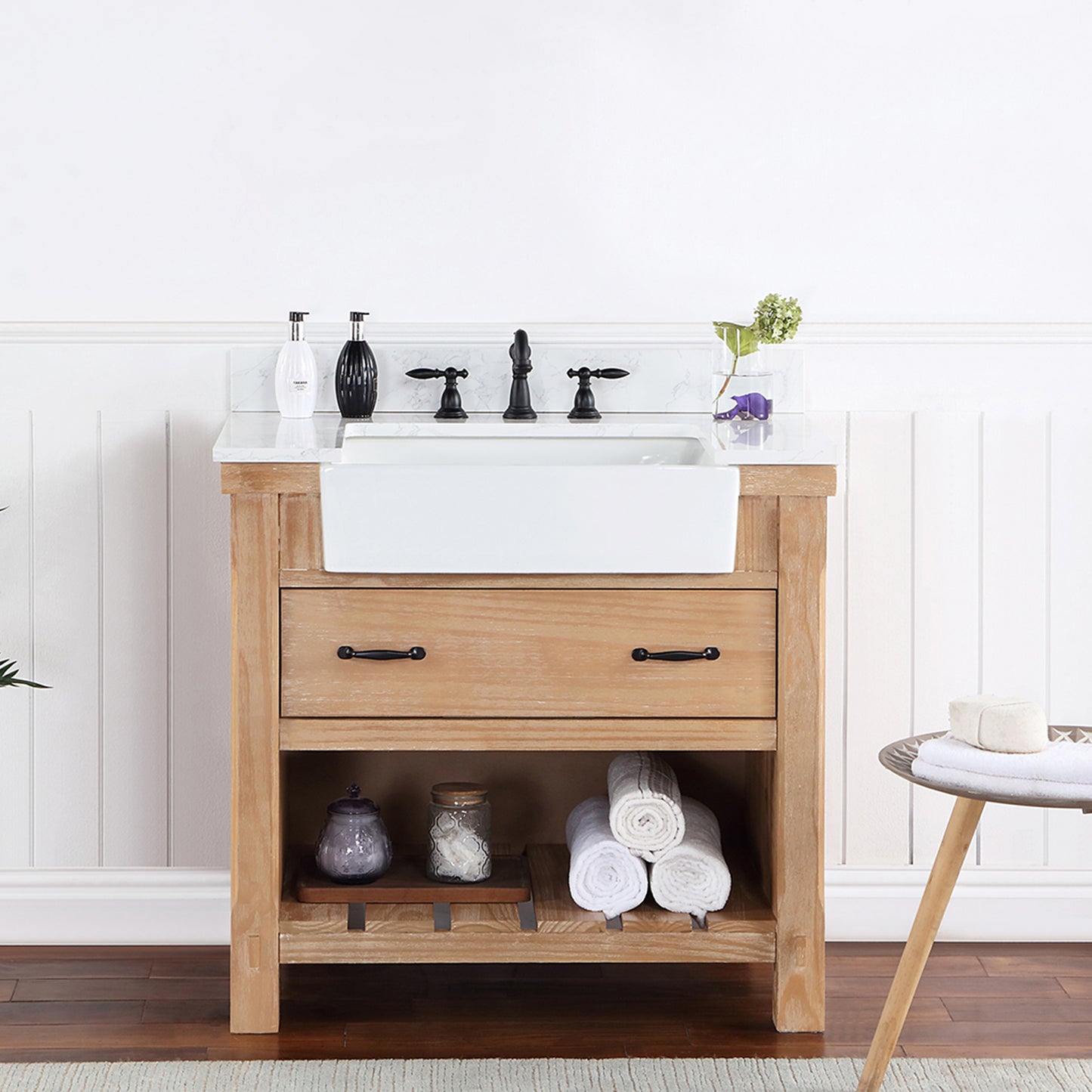 Vinnova, Villareal 36" Single Bath Vanity in Weathered Pine with Composite Stone Top in White, White Farmhouse Basin