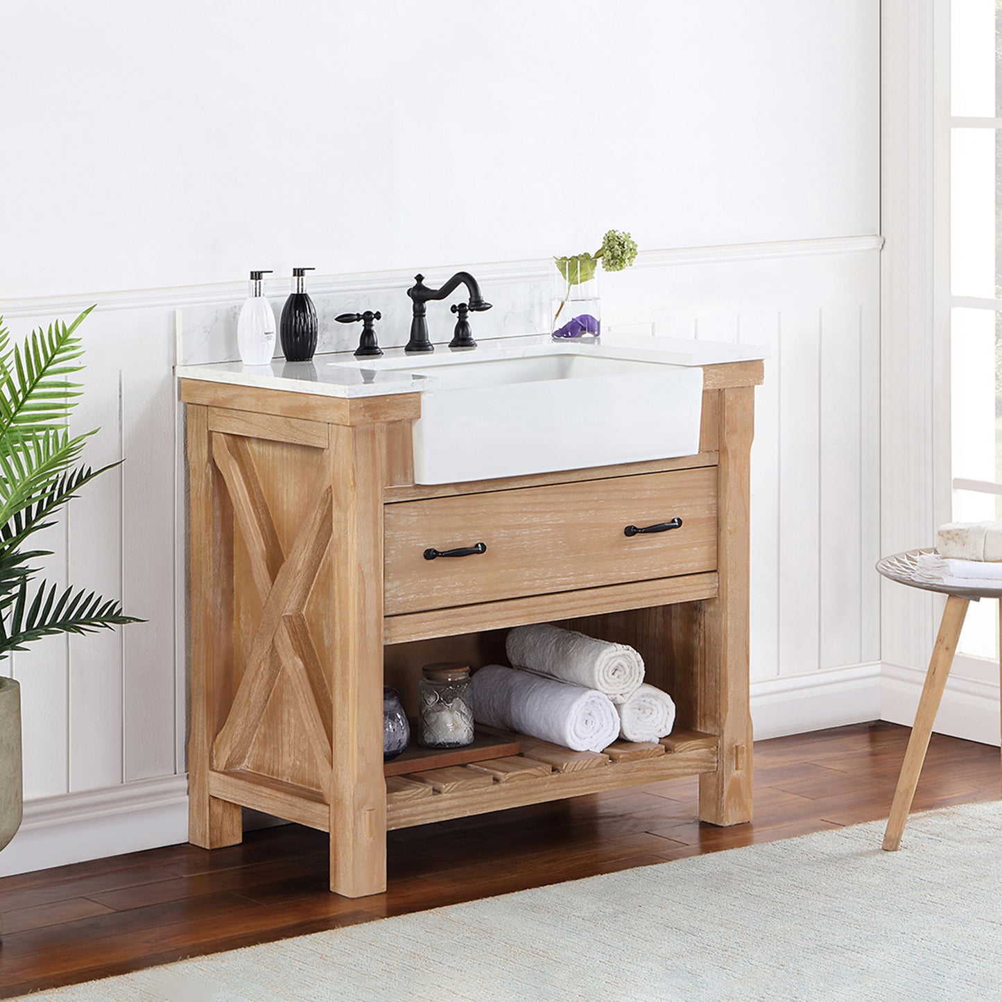 Vinnova, Villareal 36" Single Bath Vanity in Weathered Pine with Composite Stone Top in White, White Farmhouse Basin