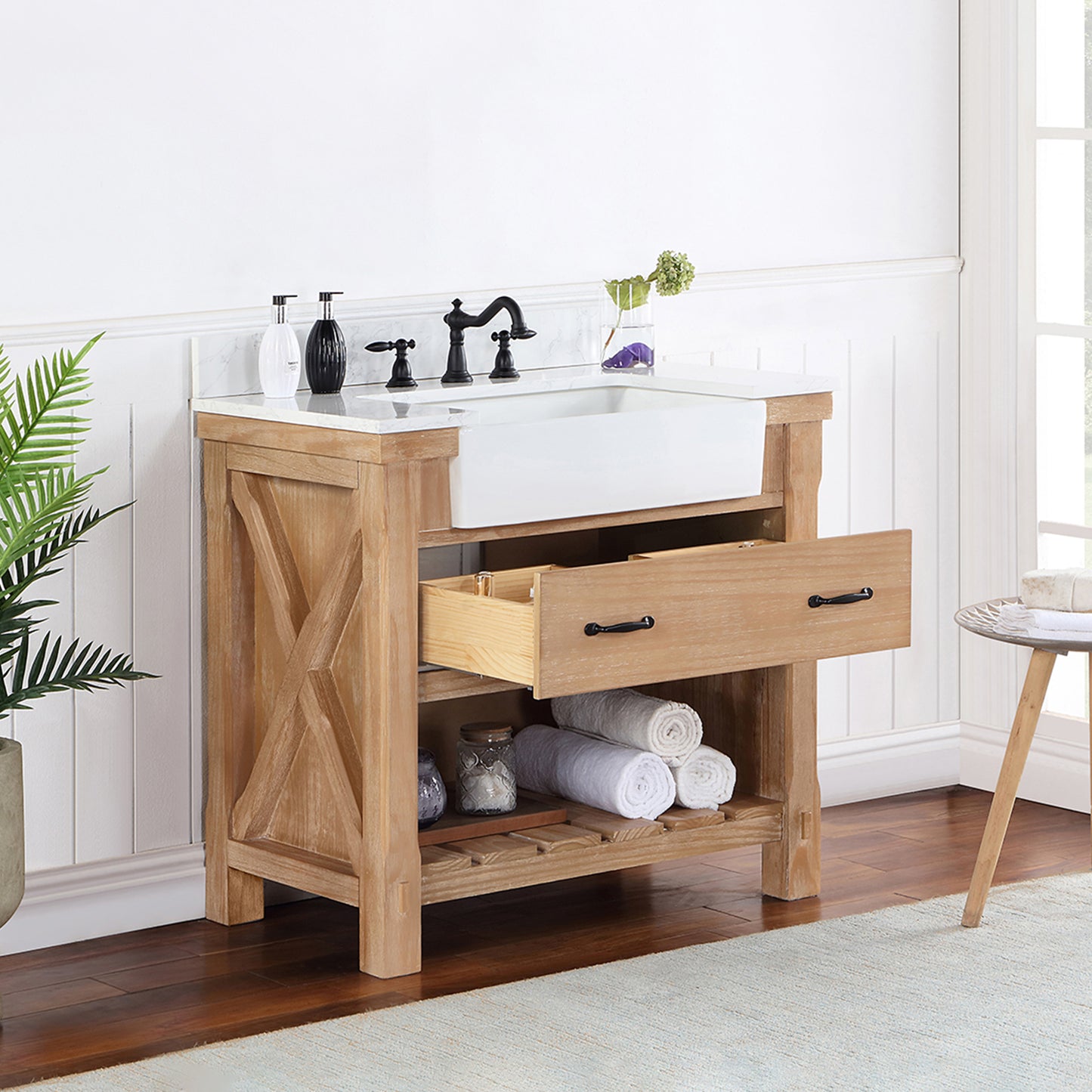 Vinnova, Villareal 36" Single Bath Vanity in Weathered Pine with Composite Stone Top in White, White Farmhouse Basin