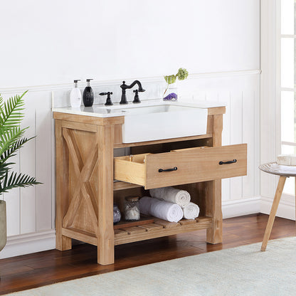 Vinnova, Villareal 36" Single Bath Vanity in Weathered Pine with Composite Stone Top in White, White Farmhouse Basin