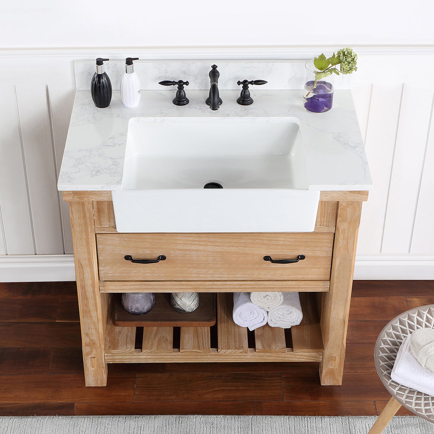 Vinnova, Villareal 36" Single Bath Vanity in Weathered Pine with Composite Stone Top in White, White Farmhouse Basin