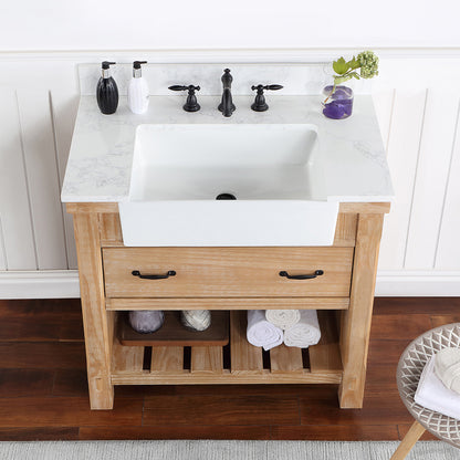 Vinnova, Villareal 36" Single Bath Vanity in Weathered Pine with Composite Stone Top in White, White Farmhouse Basin