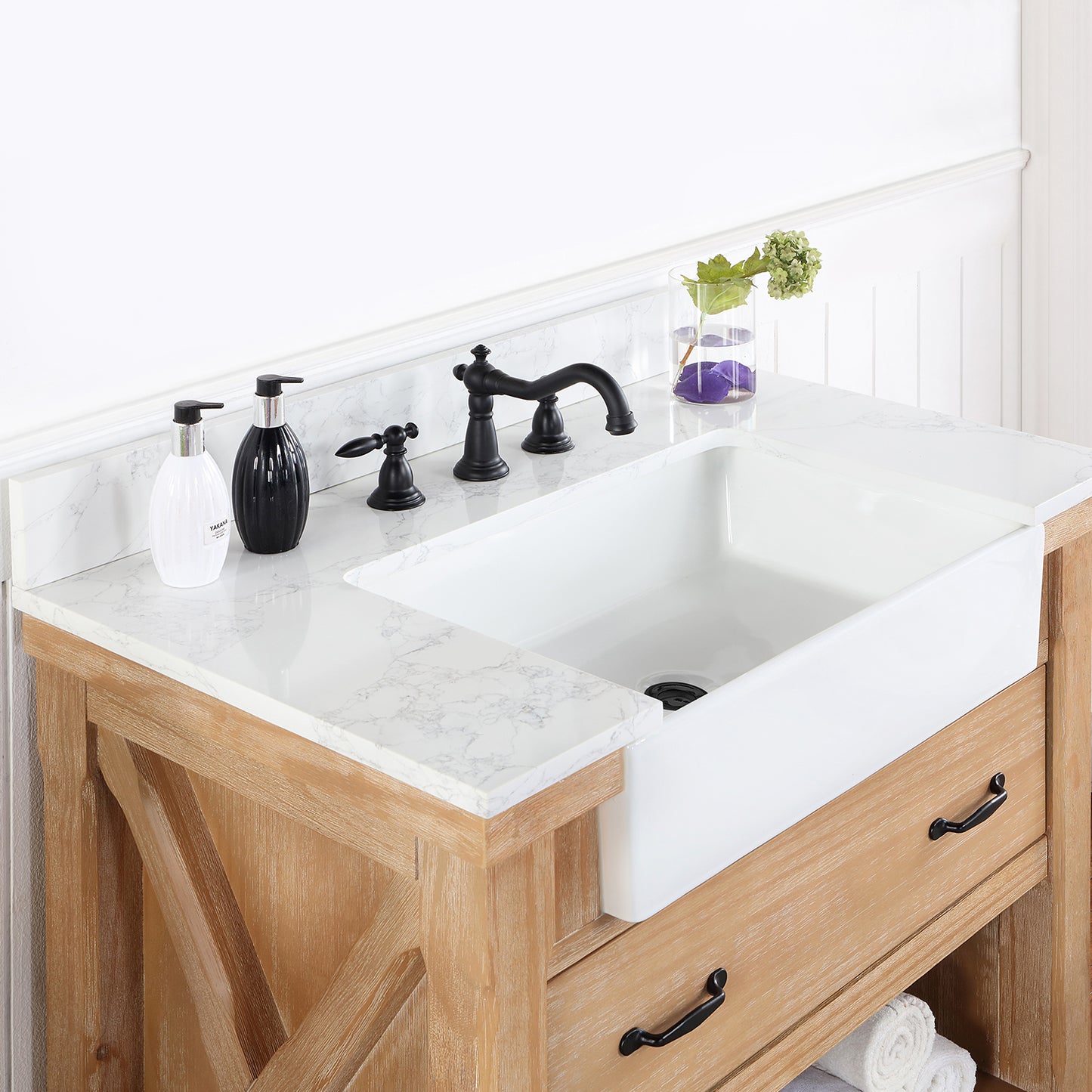 Vinnova, Villareal 36" Single Bath Vanity in Weathered Pine with Composite Stone Top in White, White Farmhouse Basin