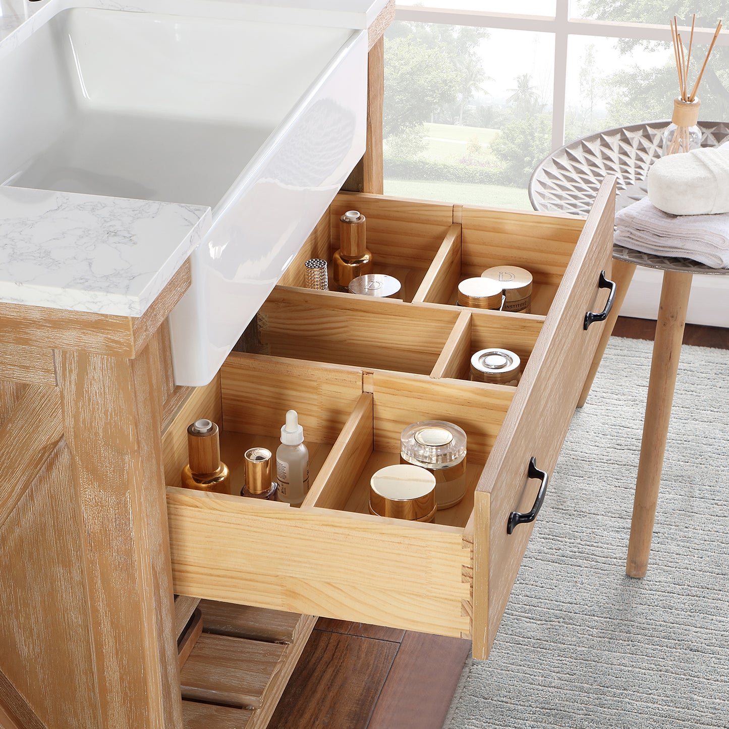 Vinnova, Villareal 36" Single Bath Vanity in Weathered Pine with Composite Stone Top in White, White Farmhouse Basin