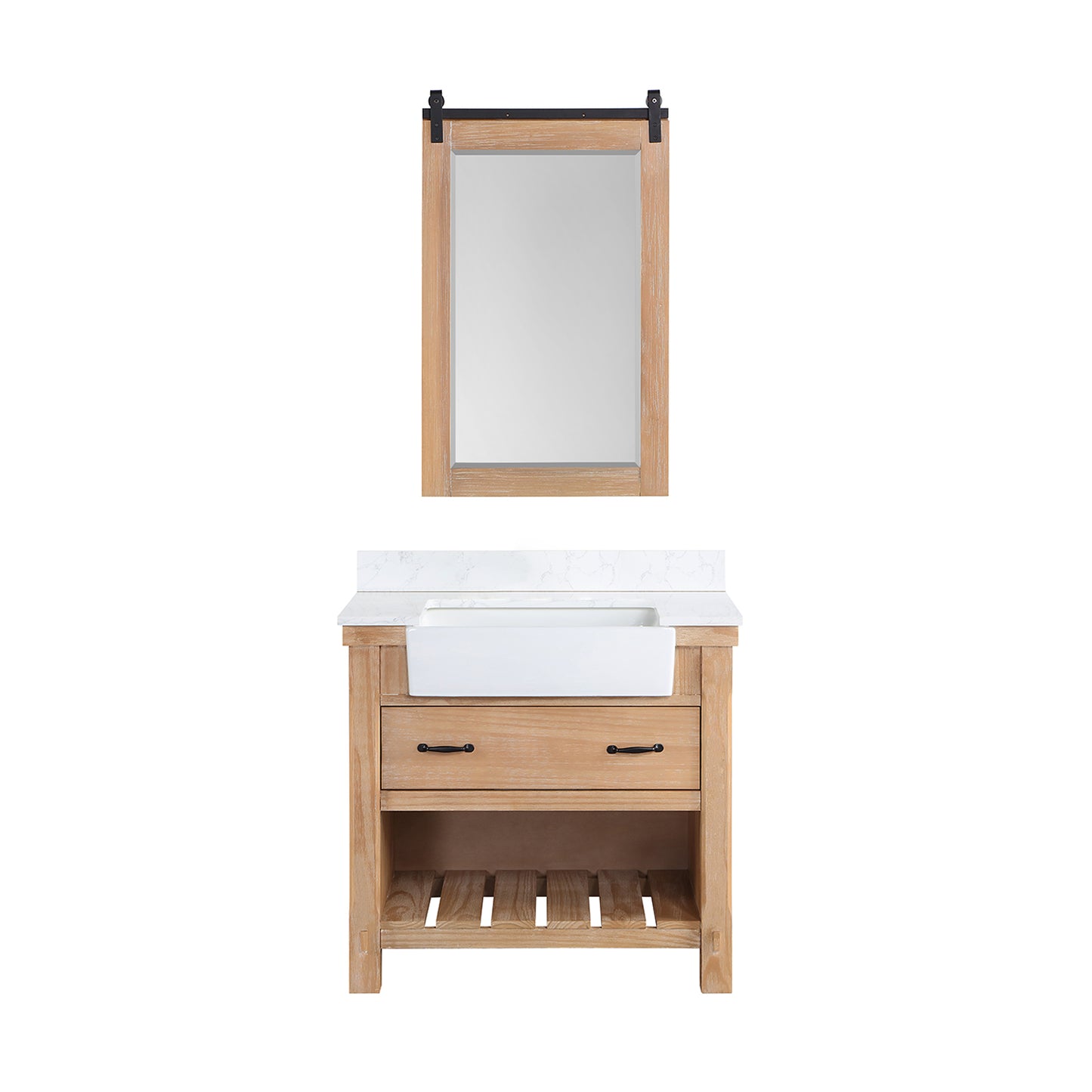 Vinnova, Villareal 36" Single Bath Vanity in Weathered Pine with Composite Stone Top in White, White Farmhouse Basin and Mirror