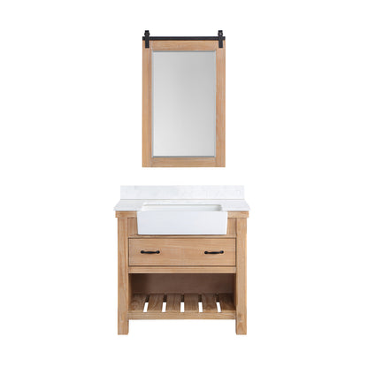 Vinnova, Villareal 36" Single Bath Vanity in Weathered Pine with Composite Stone Top in White, White Farmhouse Basin and Mirror