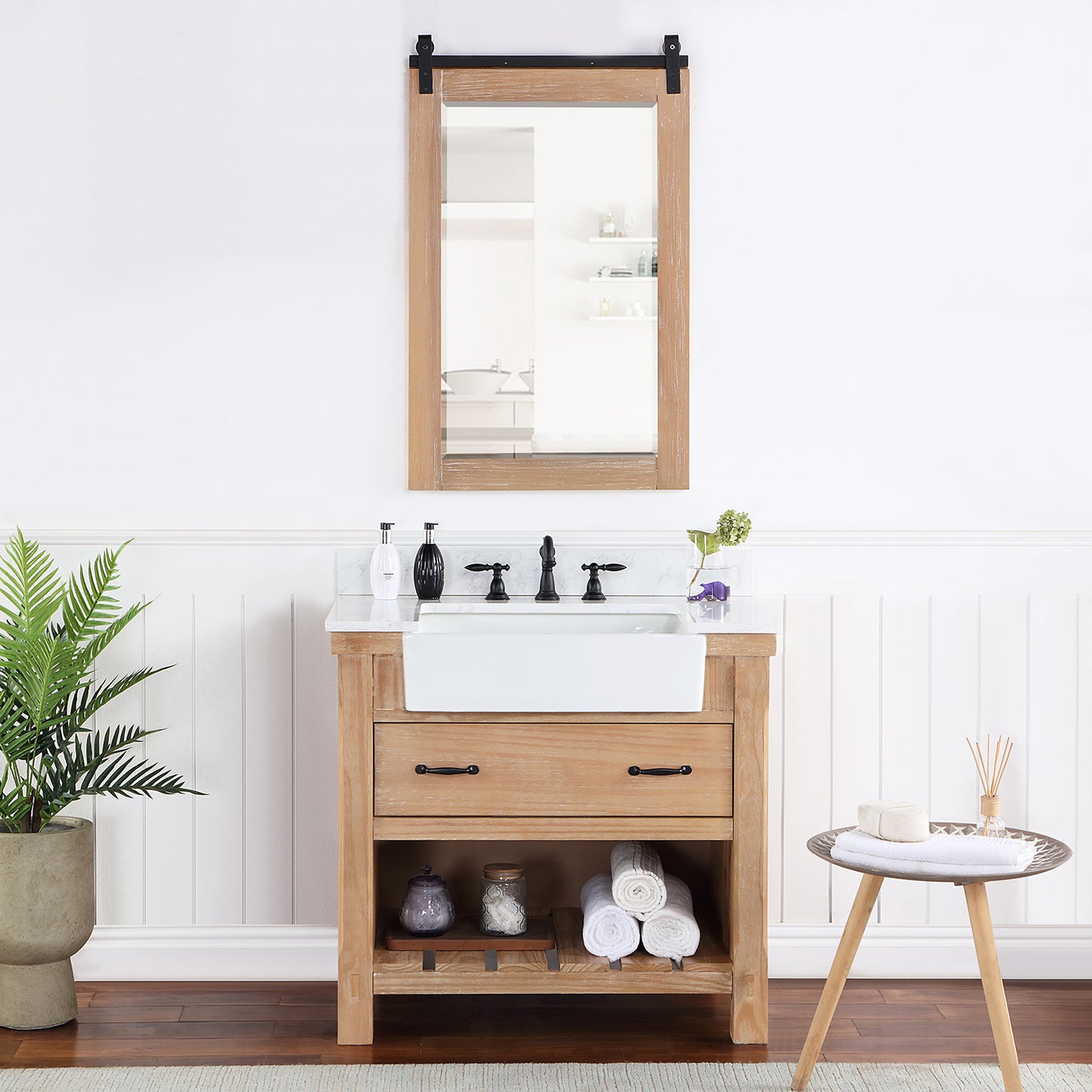 Vinnova, Villareal 36" Single Bath Vanity in Weathered Pine with Composite Stone Top in White, White Farmhouse Basin and Mirror